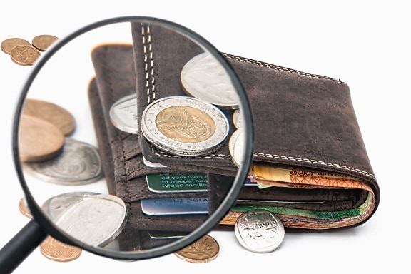 wallet, metal, paper, money, magnifier, leather, glass