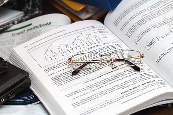 eyeglasses, book, science, study, paper, reading