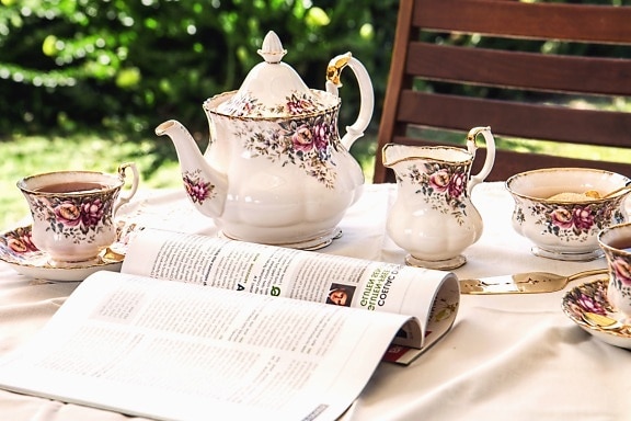 กาน้ำชา ถ้วย ชีวิตยังคง หนังสือพิมพ์ สวน ม้านั่ง หญ้า