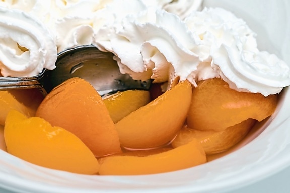 apricot, whipped cream, spoon, food, fruit, sweet, dessert