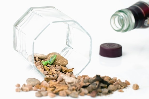 камък, листа, стъкло, бутилка, декорация
