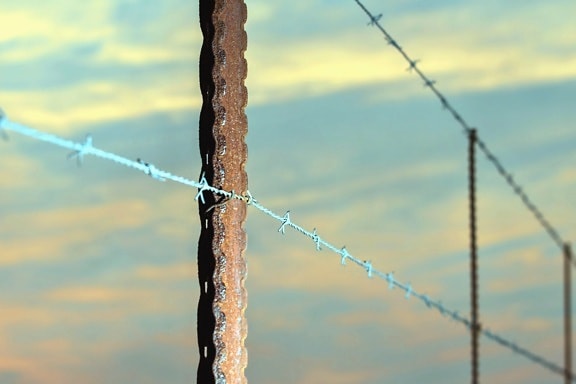 metal, pillar, wire, barbed wire, steel, fence