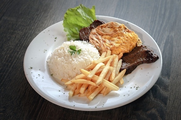meat, salad, rice, french fries, lunch, plate, table, restaurant