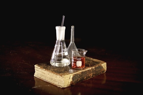 vidro, reagente, livro, laboratório, funil, experimento