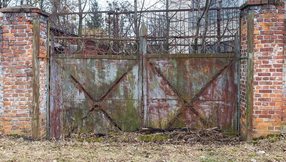 gate, rust, brick, wall, metal, fence, architecture