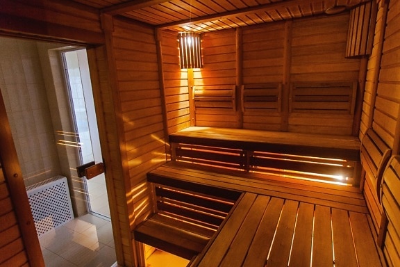 sauna, pokój, drewno, deski, światło, ława