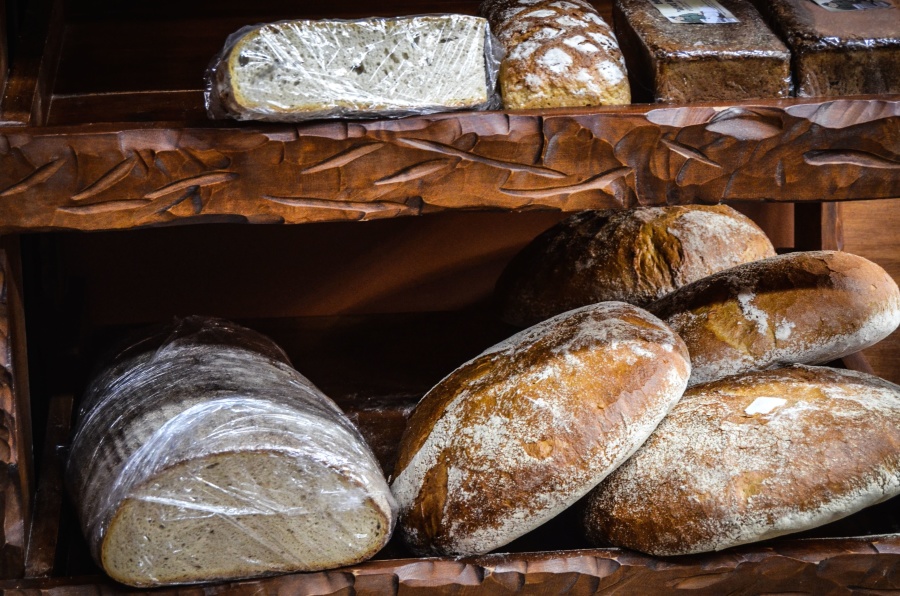 bakkerij, brood, granen, plat, houten, textuur