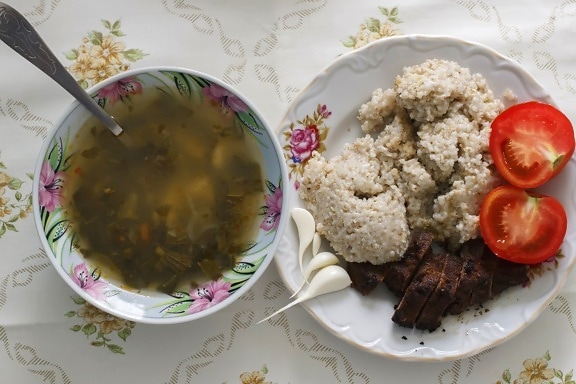 soup, meat, rice, tomato, lunch, plate, food, diet
