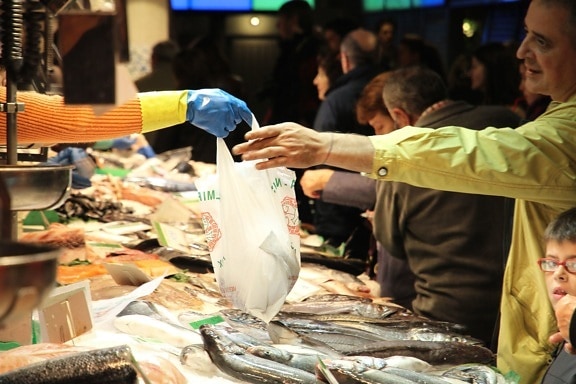 supermarketa, ribe, trgovina, svježe, torba, ruka