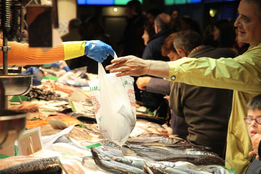 ryby, sklep, supermarket, świeże, torba, ręka