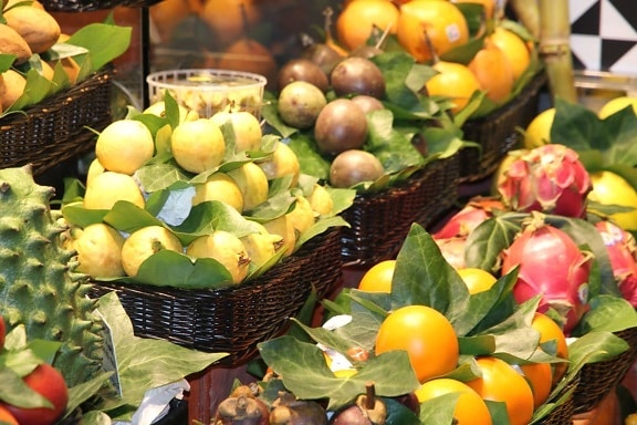 плодове, портокал, кошница, пазар, листа, свеж, храна