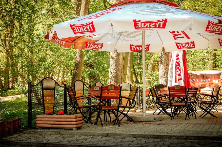 парасолька від сонця, таблиці, стілець, кафе, ліс, парк, дерево, відпочинок
