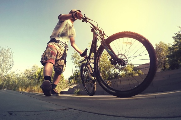 bicycle, wheels, cars, tires, asphalt, man, sky, wood