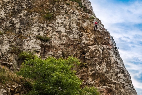 hiking, mountain, rocks, man, rope, adrenaline, plant, sky