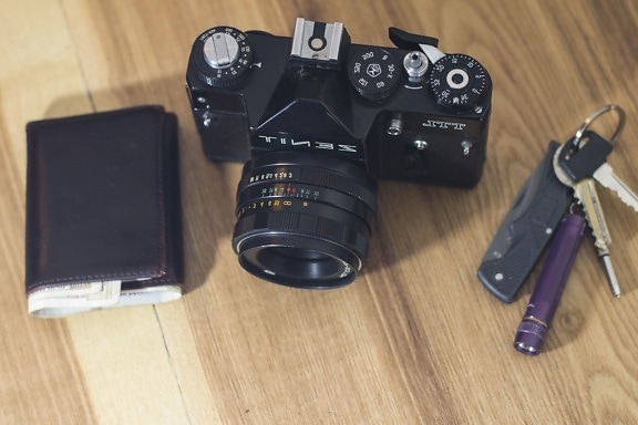 camera, apparatuur, lens, technologie, zwart, portemonnee, sleutels