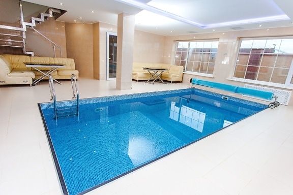 swimming pool, interior, water, luxury, ladder, window, recreation