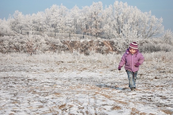 child, tree, winter, snow, cold, hat, landscape