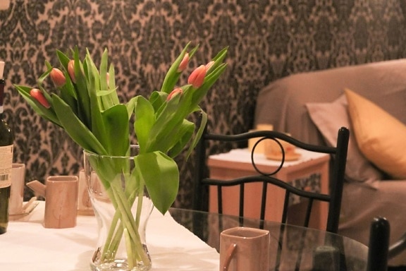 花、植物、葉、チューリップ、芽、テーブル、花瓶、椅子