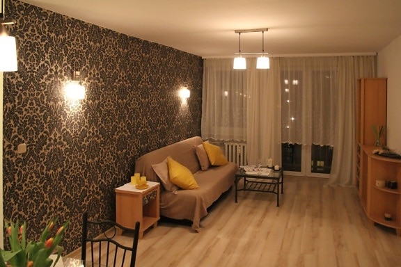 izba, interiér, dom, nábytok, podlahu, stôl, dekor, pohovka