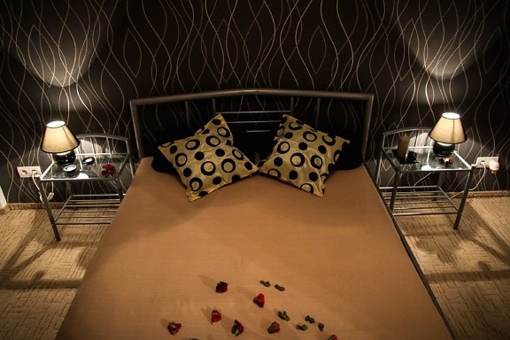 bedroom, interior, lamp, bed, pillow, petal, wall, romance