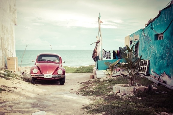 Volkswagen beetle, summer, sky, car, road, building, retro, sea, water