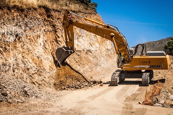 digger, machine, excavator, road, ground, construction, rocks