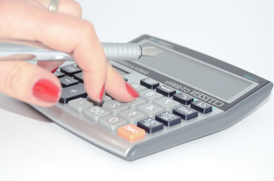 ołówek, ręka, Kobieta, kalkulator, gospodarka, biznes, finanse