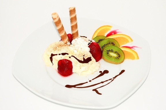 kiwi, orange, ice cream, strawberry, food, plate, meal, dessert, diet, restaurant