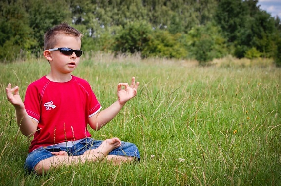 child, boy, grass, meadow, sunglasses, meditation, forest, summer