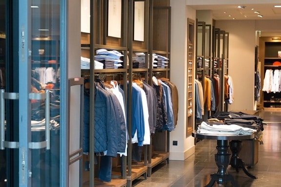 Boutique, estilo, interior, pequeño, ropa, estante, textil, chaqueta, camisa