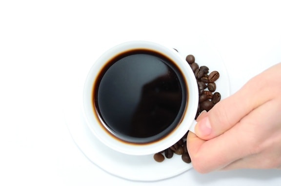 kaffe, kaffebönor, porslin, hand, reflektion