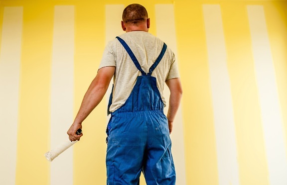 man, trousers, worker, paint, wall, workplace