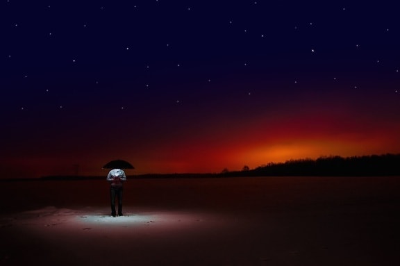 Hombre, paraguas, estrella, cielo, puesta del sol, noche, paisaje