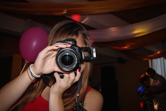 photographer, photo camera, girl, instrument, equipment, lens, device