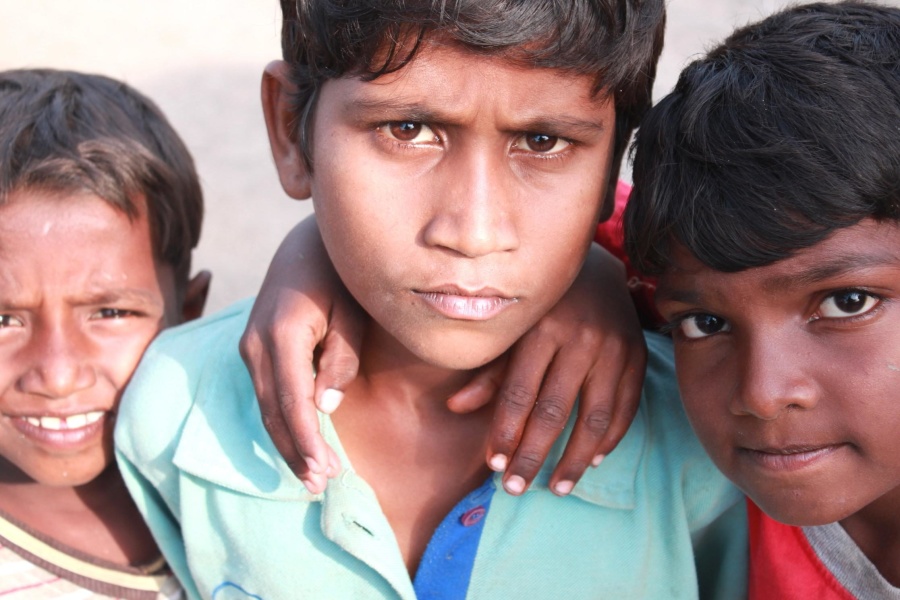 Street, barn, India, ansikt, stående