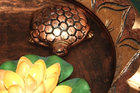 skildpadde, metal, blomst, dekoration, vand