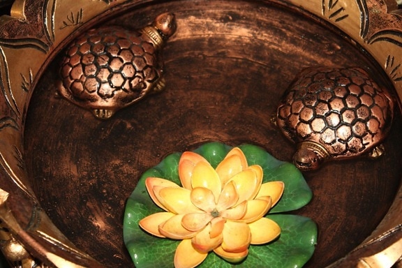 sköldpadda, metall, vatten, konst, dekoration, näckros
