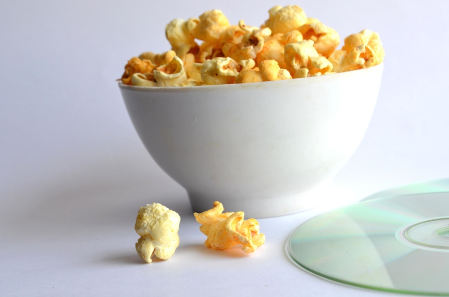 Popcorn, kom, disc, film, maïs, granen, levensmiddelen