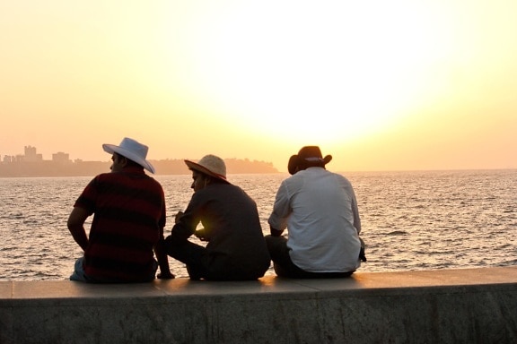 silhouette, men, ocean, dusk, friend, hat, people