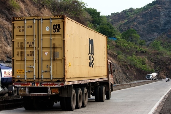 Прицеп грузовой автомобиль контейнер, грузовик, транспорта, транспортное средство, дорога