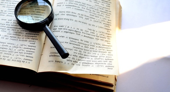 magnifying glass, dictionary, document, paper, book, text