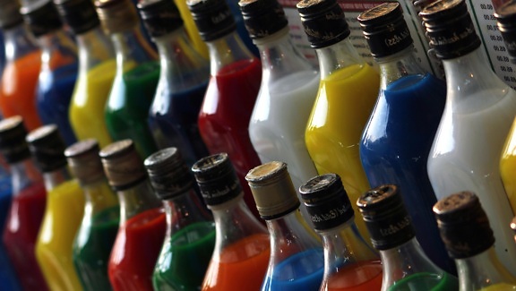 frasco de líquido, de cor, colorido