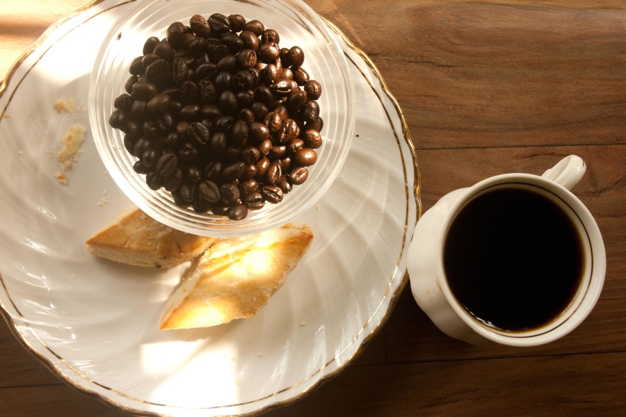 grão de café, tigela, café, café da manhã