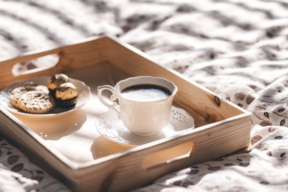coffee cup, cookie, tray, breakfast, decoration