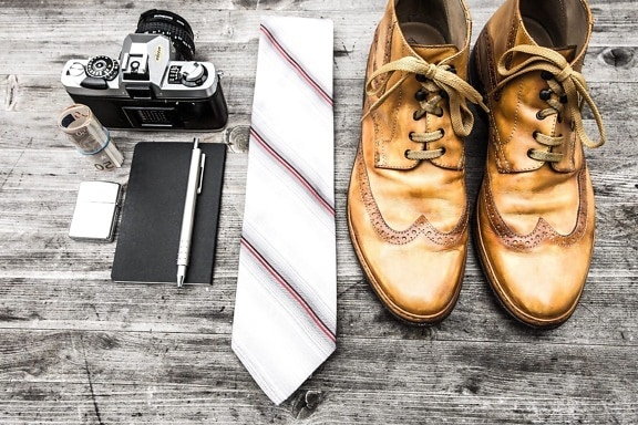 Zapato, corbata, cámara fotográfica, dinero