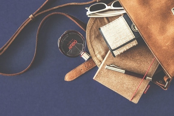 solbriller, brune, læder, taske, mode, håndtaske, tegnebog