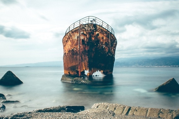 rust, ship, sea, shipwreck, iron, coast, sky, sea, water, landscape