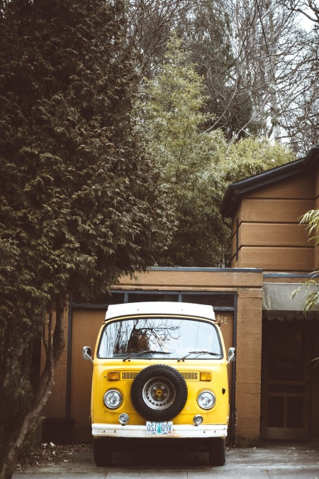 Classic, żółty, samochód, oldtimer, domu, na zewnątrz