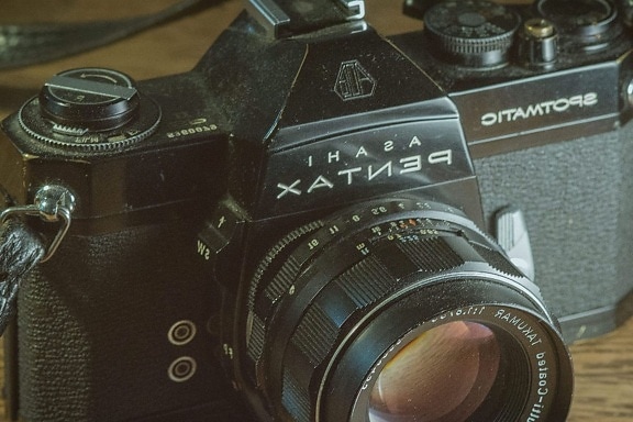 analógica, câmera fotográfica, equipamento de lente, preto,