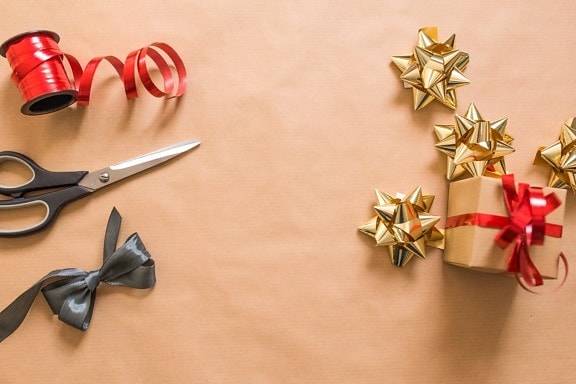 red ribbon, gift, tool, scissors, box